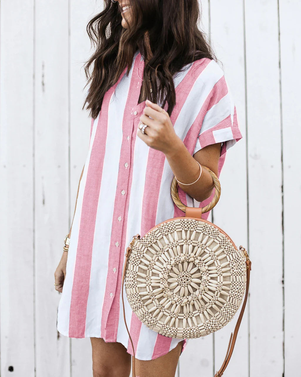 Casual striped loose short sleeve shirt dress in pink and blue colors