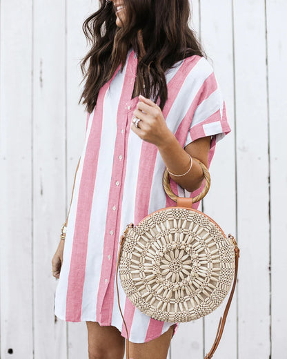 Casual striped loose short sleeve shirt dress in pink and blue colors