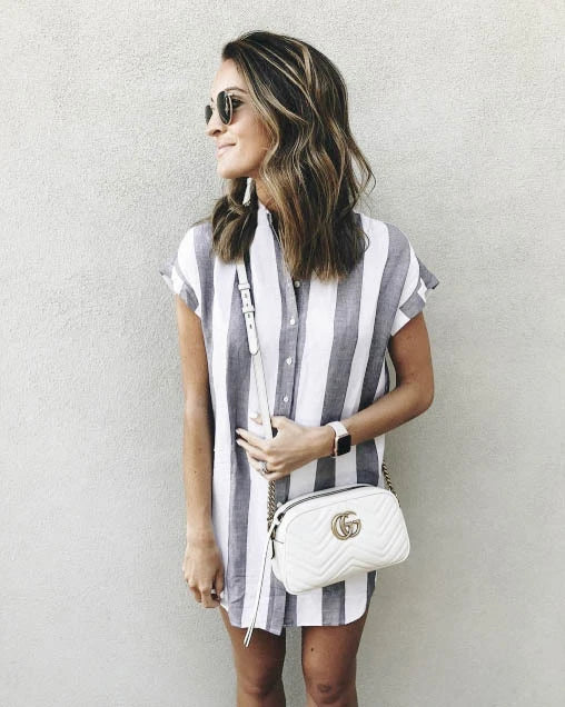 Casual striped loose short sleeve shirt dress in pink and blue colors