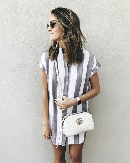 Casual striped loose short sleeve shirt dress in pink and blue colors