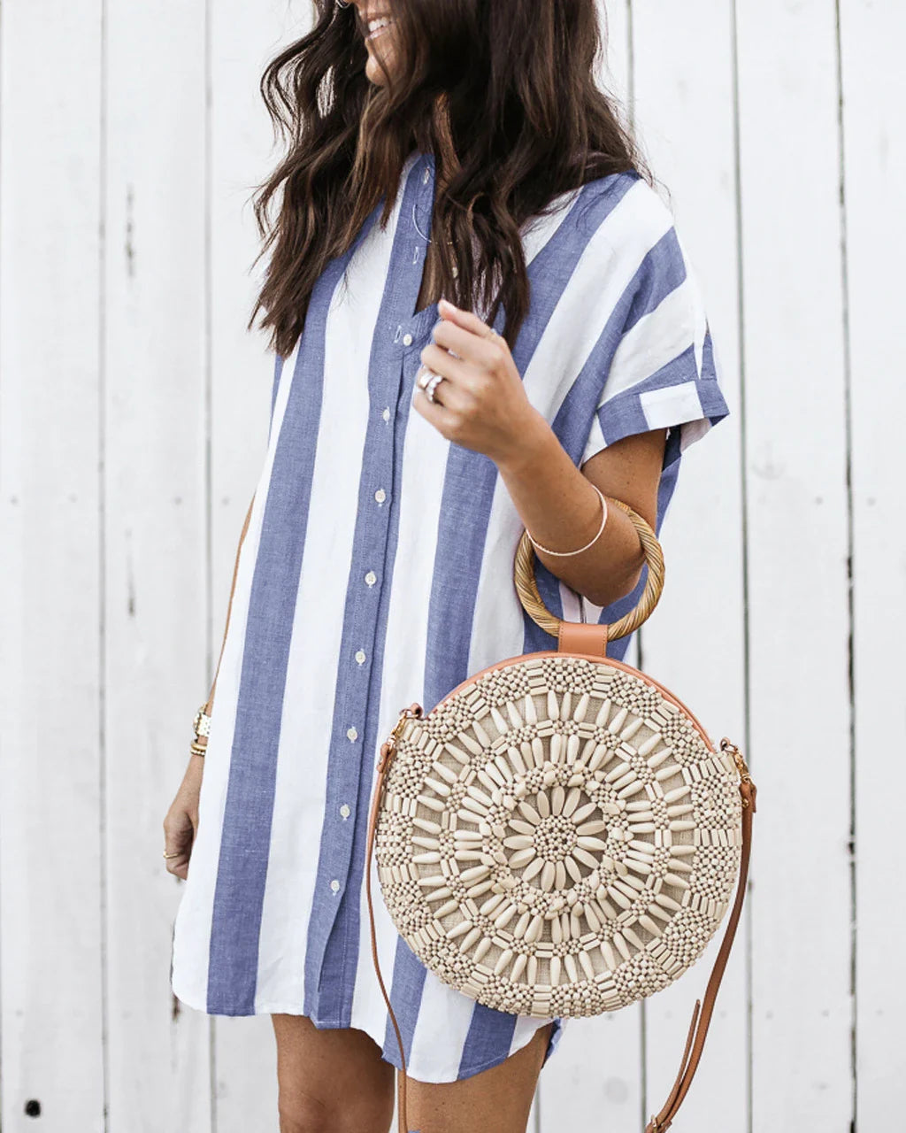 Casual striped loose short sleeve shirt dress in pink and blue colors