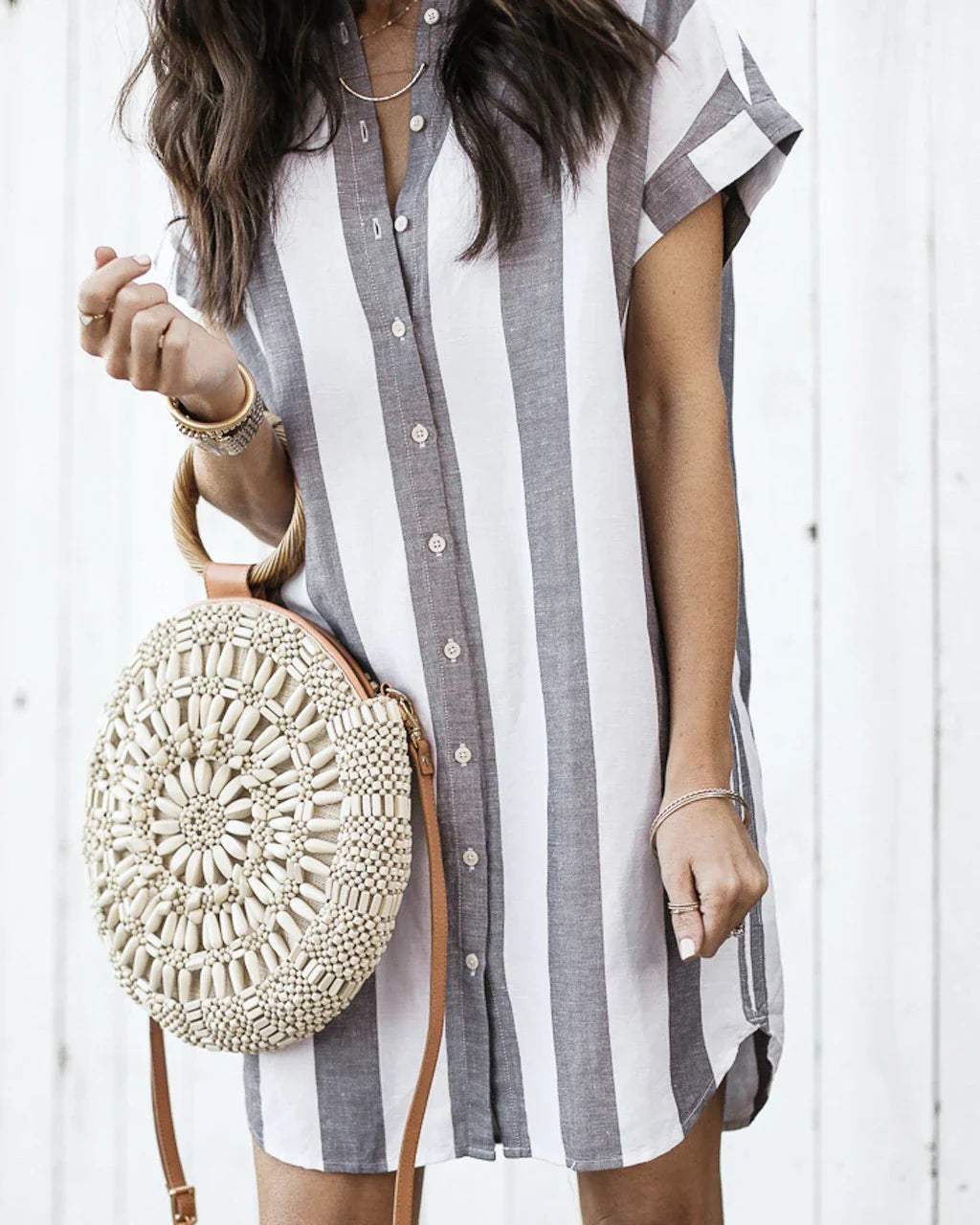 Casual striped loose short sleeve shirt dress in pink and blue colors