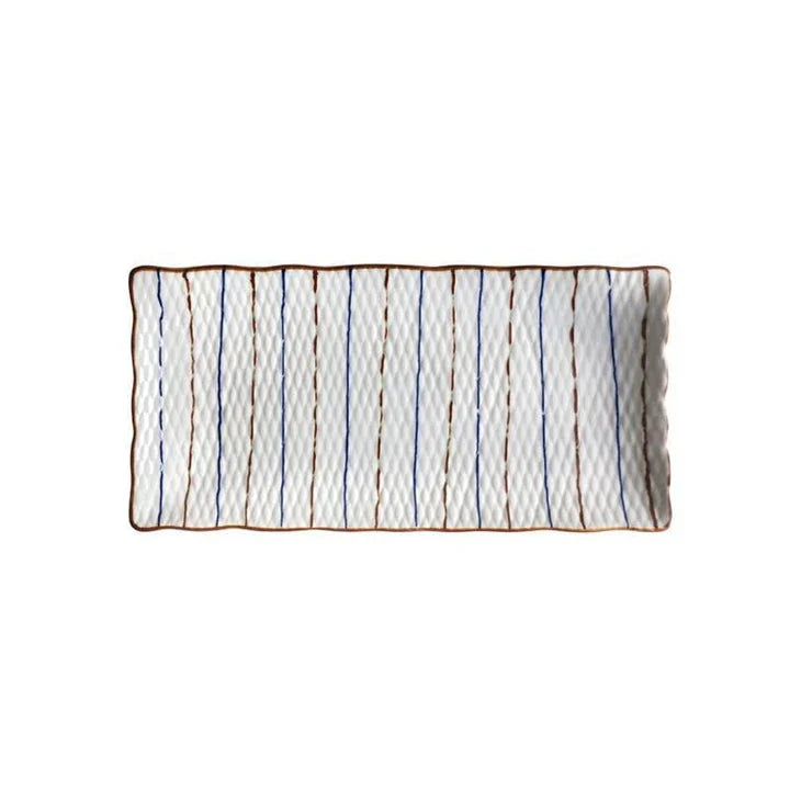 Japanese-inspired ceramic plate with blue and orange color design, featuring a gently curved shape for enhanced presentation of meals.