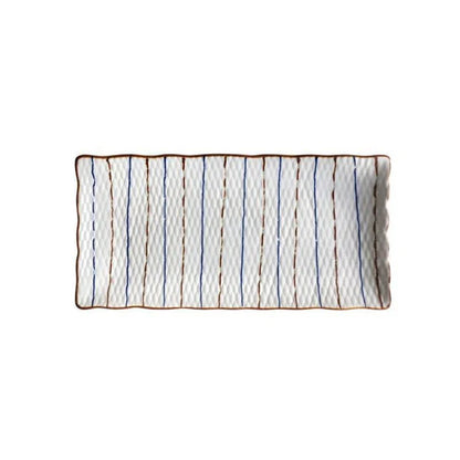 Japanese-inspired ceramic plate with blue and orange color design, featuring a gently curved shape for enhanced presentation of meals.