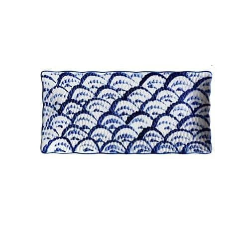 Japanese-inspired ceramic plate with blue and orange color design, featuring a gently curved shape for enhanced presentation of meals.