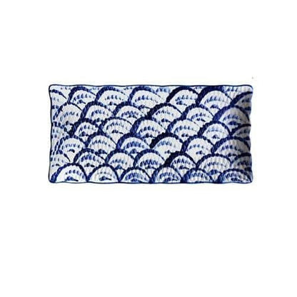 Japanese-inspired ceramic plate with blue and orange color design, featuring a gently curved shape for enhanced presentation of meals.