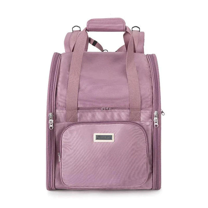 A stylish and functional pet backpack made of eco-friendly materials, designed for comfortable and secure travel with your furry companion.