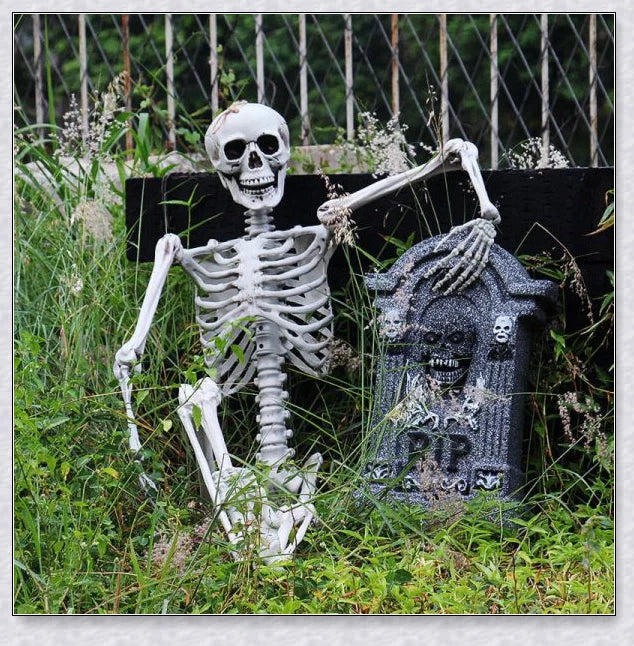 Lifelike 5-foot Halloween skeleton decoration with realistic bone-like finish and flexible joints for customizable spooky poses