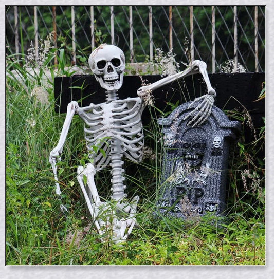 Lifelike 5-foot Halloween skeleton decoration with realistic bone-like finish and flexible joints for customizable spooky poses