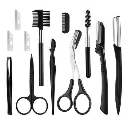 Professional Eyebrow Trimmer Set with Stainless Steel Blades and Full-Size Tweezers for Precise Grooming