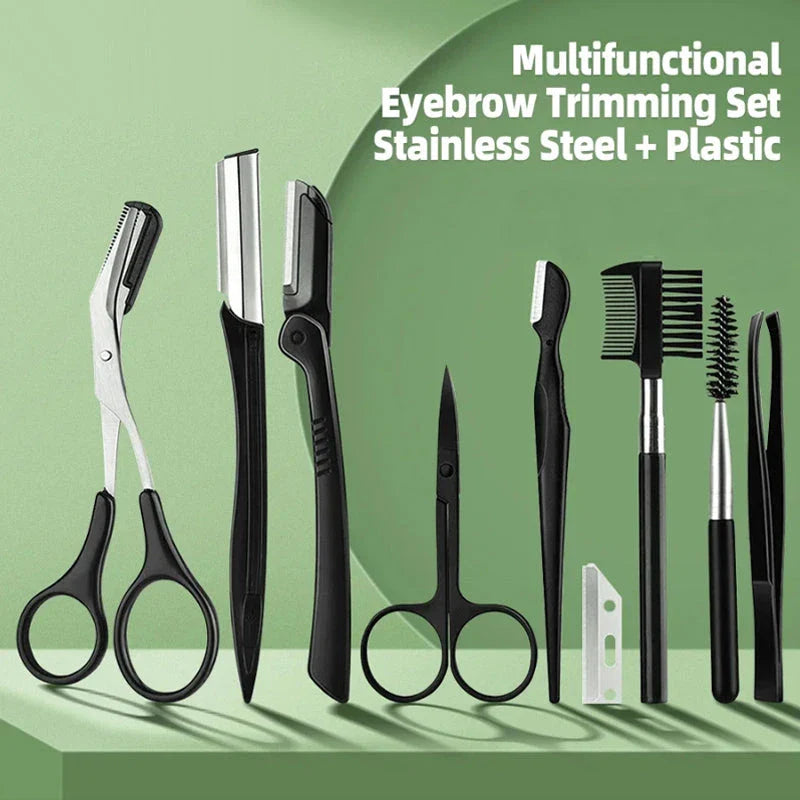 Professional Eyebrow Trimmer Set with Stainless Steel Blades and Full-Size Tweezers for Precise Grooming