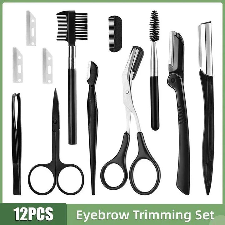 Professional Eyebrow Trimmer Set with Stainless Steel Blades and Full-Size Tweezers for Precise Grooming