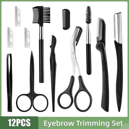 Professional Eyebrow Trimmer Set with Stainless Steel Blades and Full-Size Tweezers for Precise Grooming