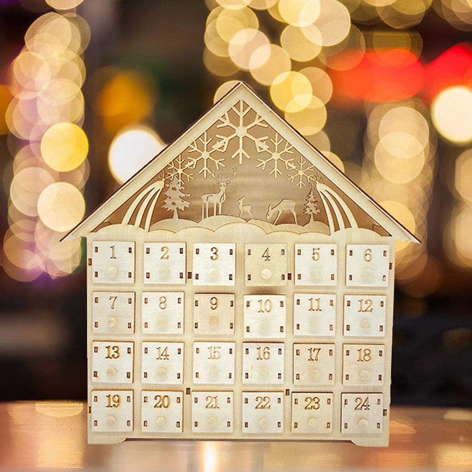 Decorative wooden Christmas ornaments with natural wood grain and European-inspired design