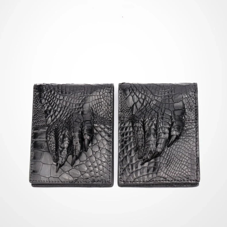 Premium leather card sleeve with crocodile skin finish, featuring dedicated compartments for ID, credit cards, and cash