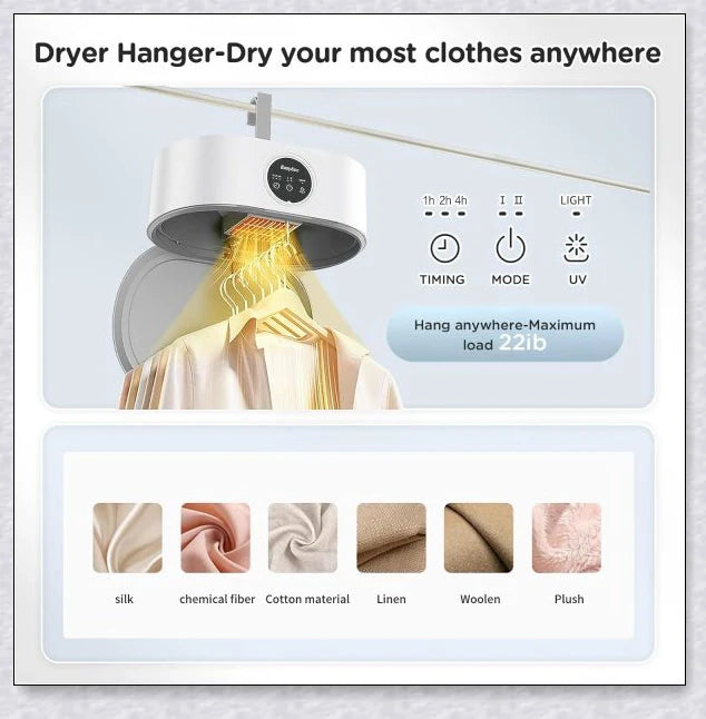 Ultradry Portable Clothes Dryer, featuring fast drying, adjustable heat settings, and built-in UV sanitization for a fresh, wrinkle-free wardrobe