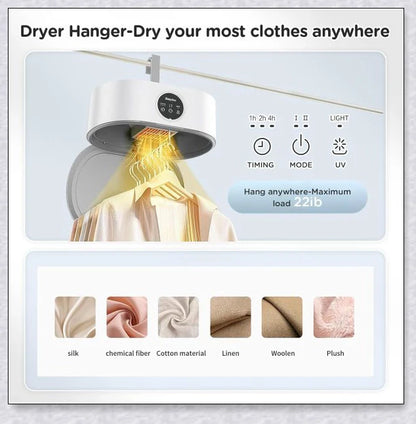 Ultradry Portable Clothes Dryer, featuring fast drying, adjustable heat settings, and built-in UV sanitization for a fresh, wrinkle-free wardrobe
