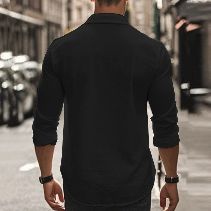 Men's cotton and linen shirt in light blue color with high elasticity and comfortable fit