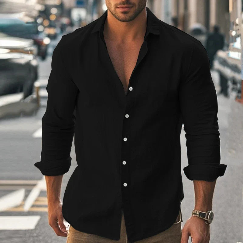 Men's cotton and linen shirt in light blue color with high elasticity and comfortable fit