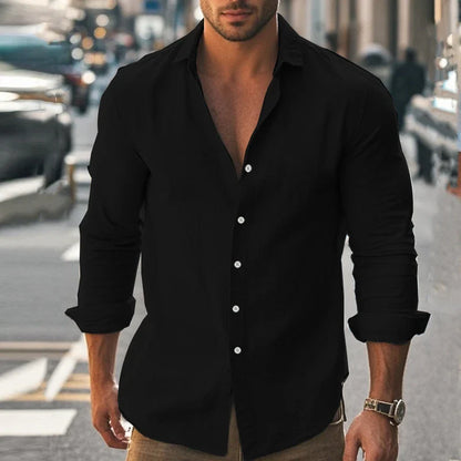 Men's cotton and linen shirt in light blue color with high elasticity and comfortable fit