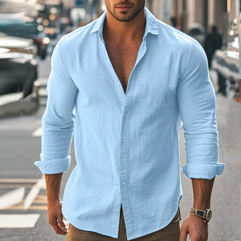 Men's cotton and linen shirt in light blue color with high elasticity and comfortable fit