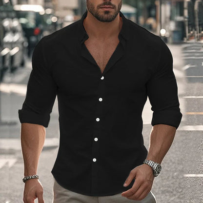 Men's cotton and linen shirt in light blue color with high elasticity and comfortable fit