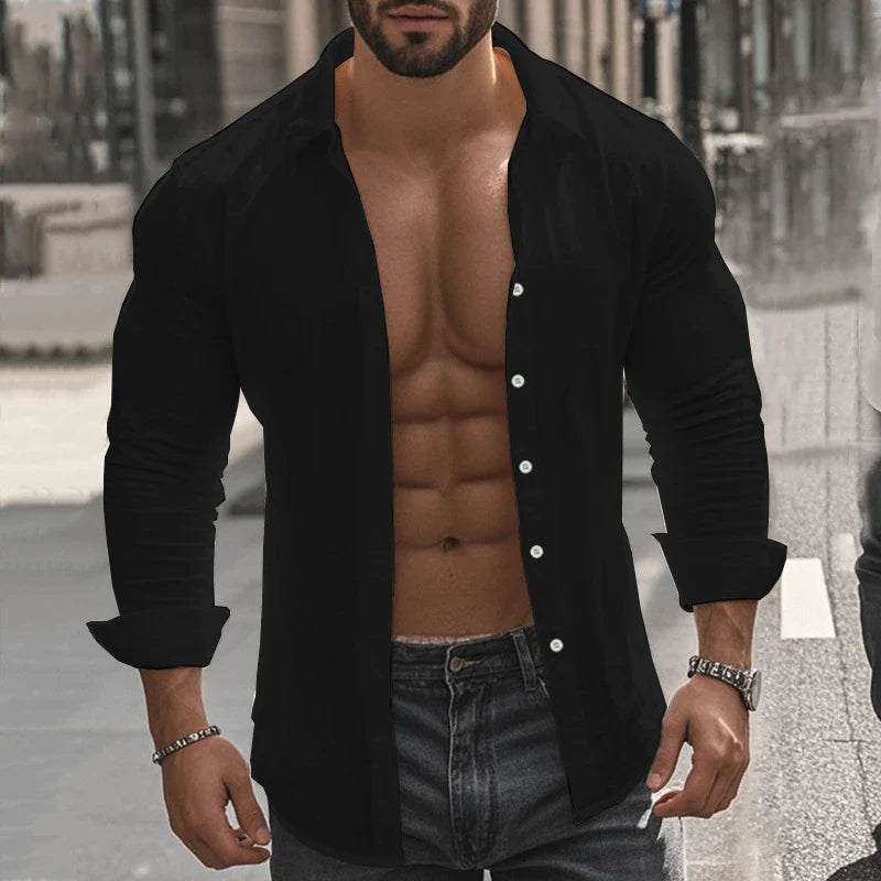 Men's cotton and linen shirt in light blue color with high elasticity and comfortable fit