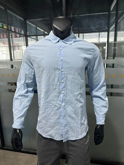 Men's cotton and linen shirt in light blue color with high elasticity and comfortable fit