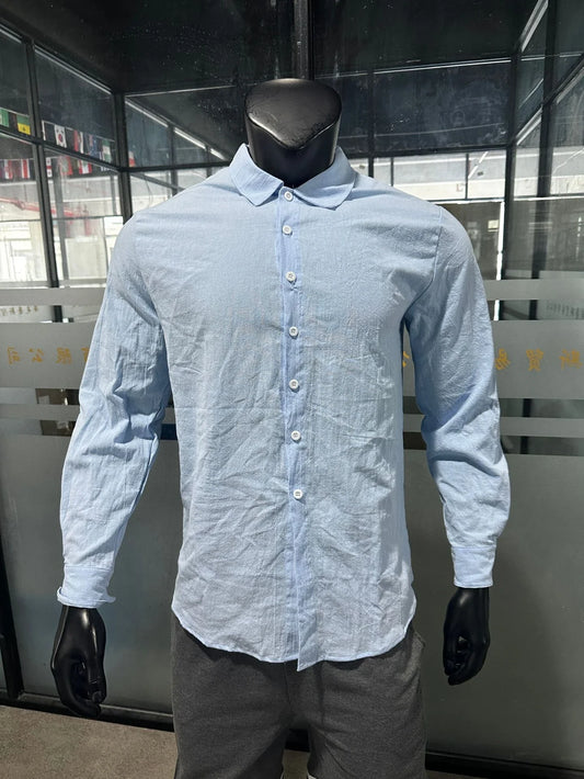 Men's cotton and linen shirt in light blue color with high elasticity and comfortable fit
