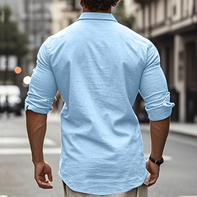 Men's cotton and linen shirt in light blue color with high elasticity and comfortable fit
