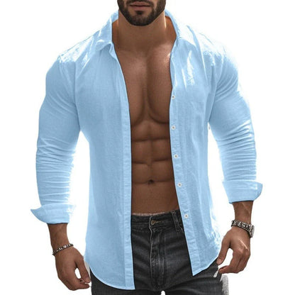 Men's cotton and linen shirt in light blue color with high elasticity and comfortable fit