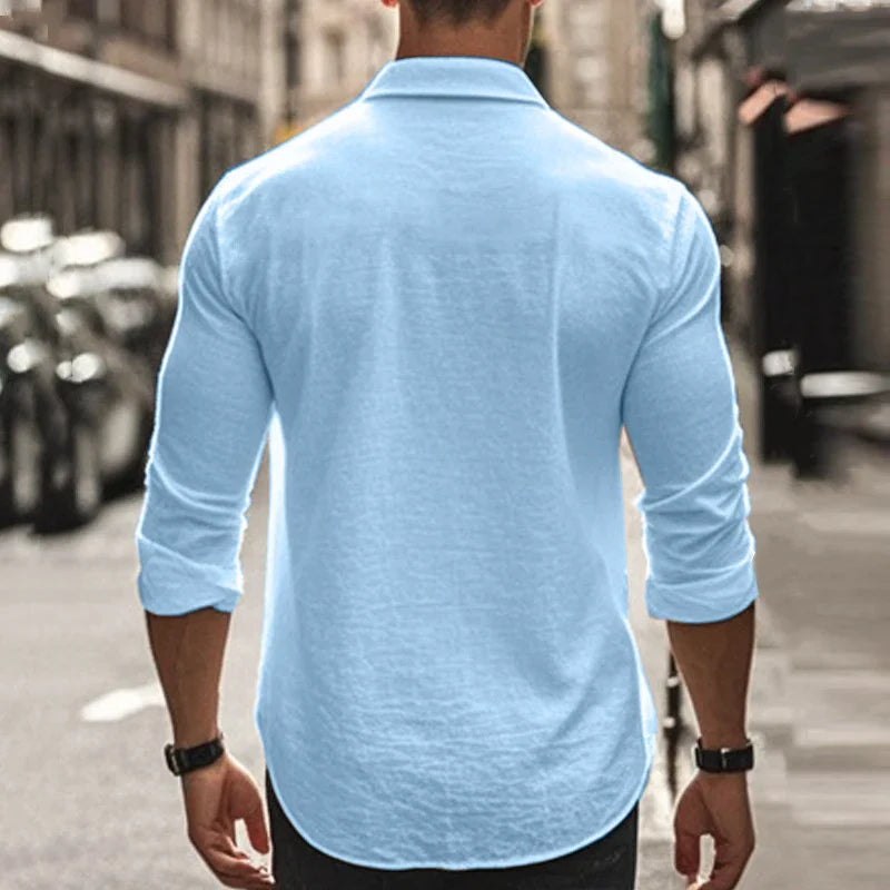 Men's cotton and linen shirt in light blue color with high elasticity and comfortable fit