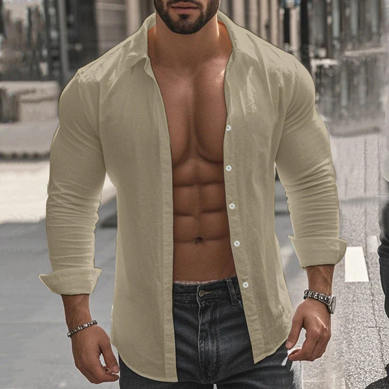 Men's cotton and linen shirt in light blue color with high elasticity and comfortable fit