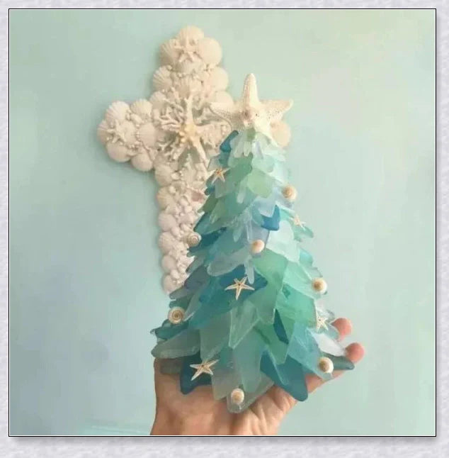 Handcrafted Sea Glass Christmas Tree Craft in Blue and Green Shades, Ideal for Coastal Holiday Decor