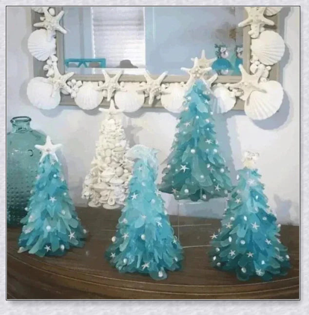 Handcrafted Sea Glass Christmas Tree Craft in Blue and Green Shades, Ideal for Coastal Holiday Decor