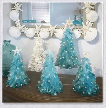 Handcrafted Sea Glass Christmas Tree Craft in Blue and Green Shades, Ideal for Coastal Holiday Decor