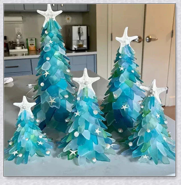 Handcrafted Sea Glass Christmas Tree Craft in Blue and Green Shades, Ideal for Coastal Holiday Decor