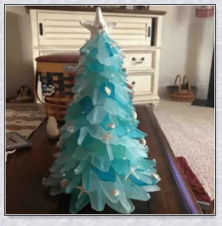 Handcrafted Sea Glass Christmas Tree Craft in Blue and Green Shades, Ideal for Coastal Holiday Decor