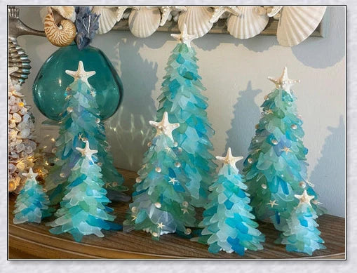 Handcrafted Sea Glass Christmas Tree Craft in Blue and Green Shades, Ideal for Coastal Holiday Decor