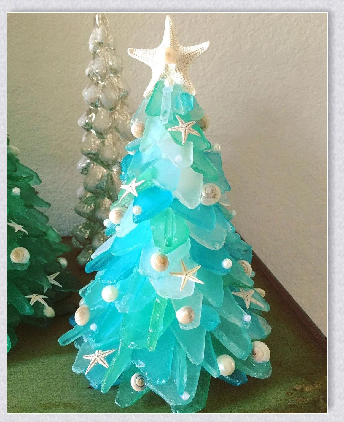 Handcrafted Sea Glass Christmas Tree Craft in Blue and Green Shades, Ideal for Coastal Holiday Decor