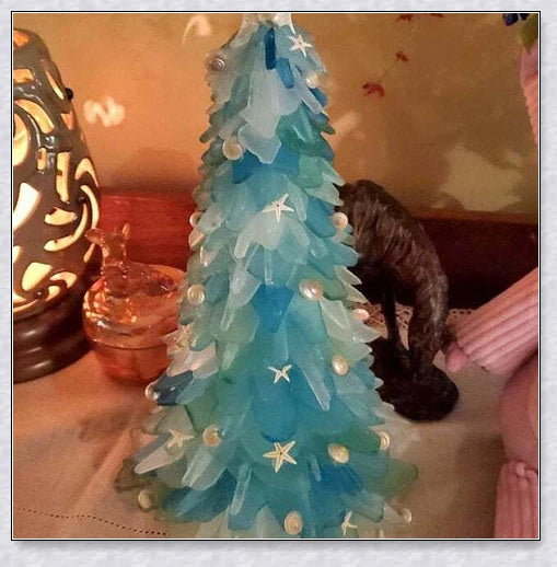 Handcrafted Sea Glass Christmas Tree Craft in Blue and Green Shades, Ideal for Coastal Holiday Decor
