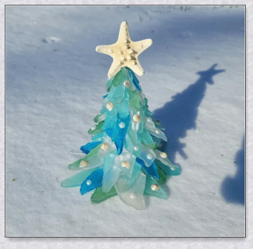 Handcrafted Sea Glass Christmas Tree Craft in Blue and Green Shades, Ideal for Coastal Holiday Decor
