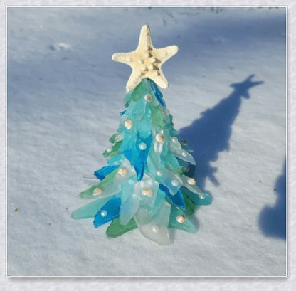 Handcrafted Sea Glass Christmas Tree Craft in Blue and Green Shades, Ideal for Coastal Holiday Decor