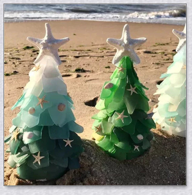 Handcrafted Sea Glass Christmas Tree Craft in Blue and Green Shades, Ideal for Coastal Holiday Decor