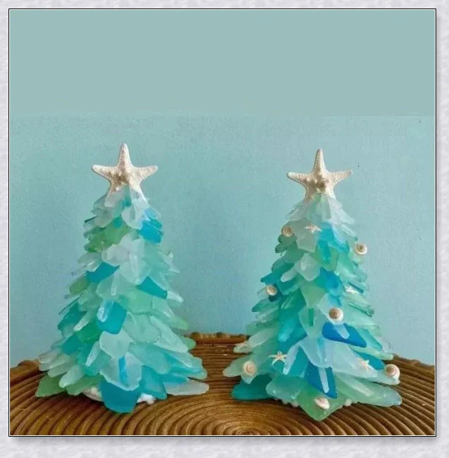 Handcrafted Sea Glass Christmas Tree Craft in Blue and Green Shades, Ideal for Coastal Holiday Decor