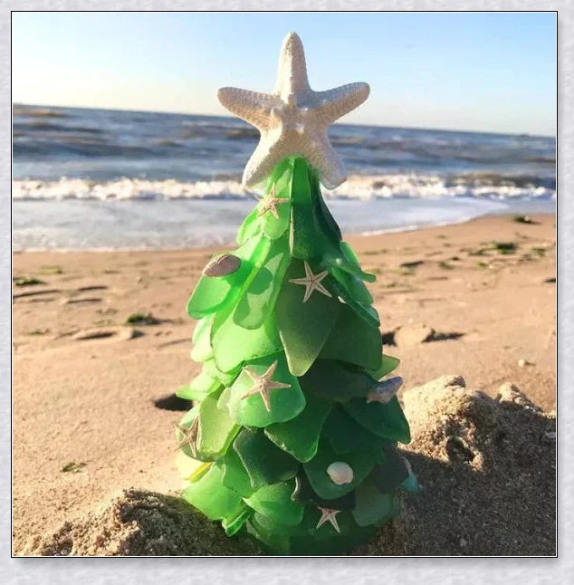 Handcrafted Sea Glass Christmas Tree Craft in Blue and Green Shades, Ideal for Coastal Holiday Decor