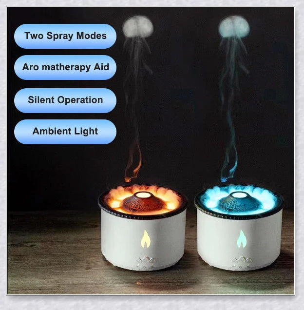 New Creative Ultrasonic Essential Oil Humidifier with simulated flame lighting and jellyfish smoke ring effects for soothing aromatherapy