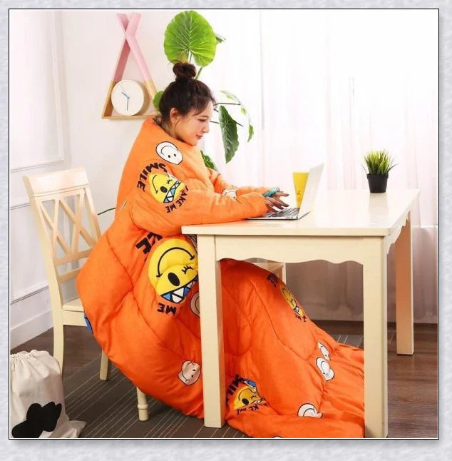 Wearable winter blanket with sleeves for cozy comfort and productivity