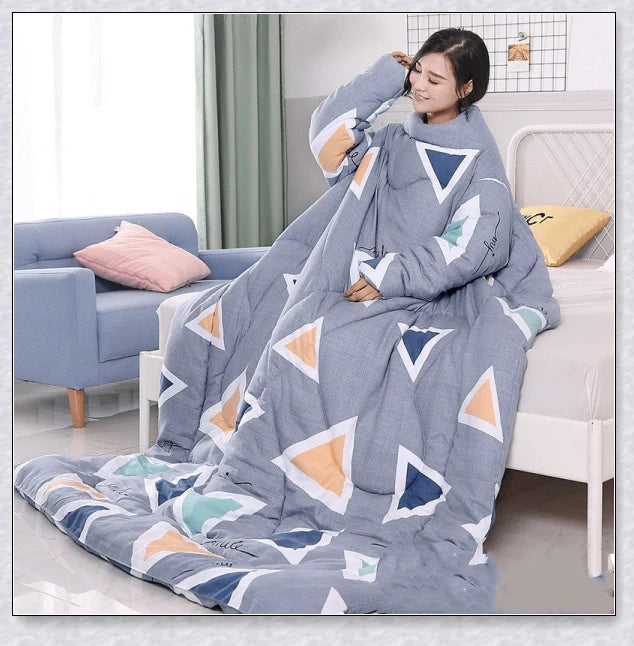 Wearable winter blanket with sleeves for cozy comfort and productivity