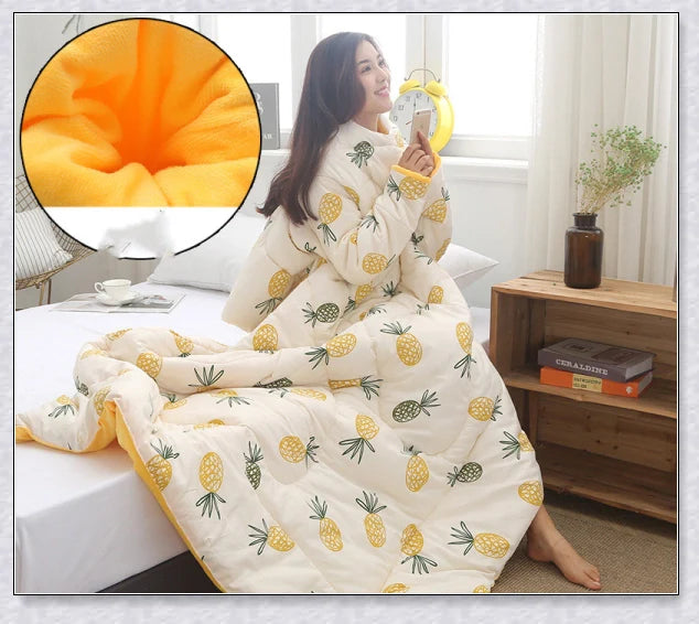 Wearable winter blanket with sleeves for cozy comfort and productivity